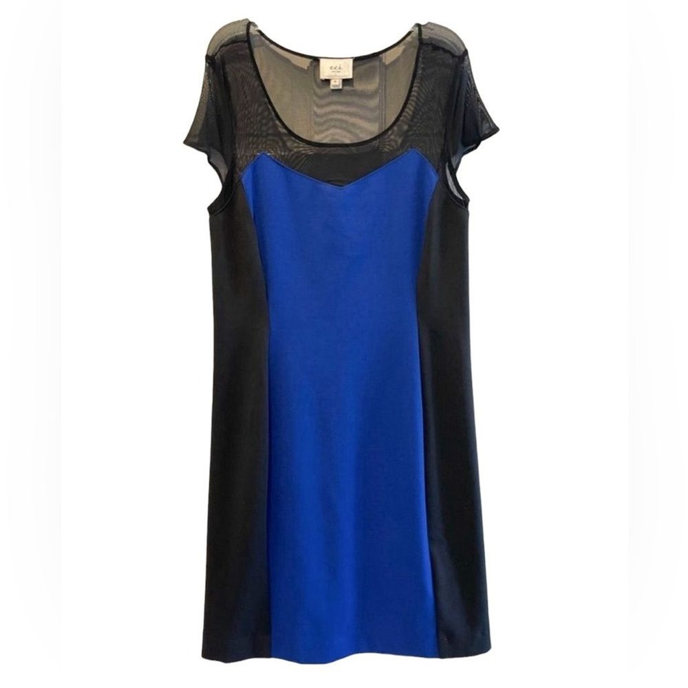 ECI New York Womens Size 10 Royal Blue Black‎ Mesh Illusion Sheath Dress 720948